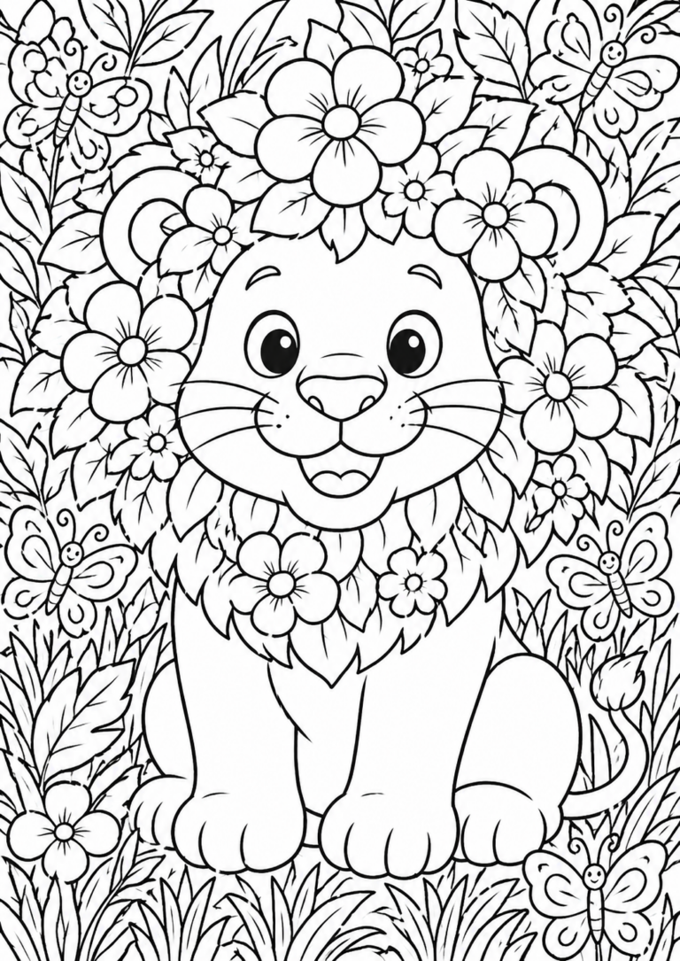 A cute lion with a floral mane surrounded by butterflies and leaves in a coloring page designed for kids to enjoy creative time.