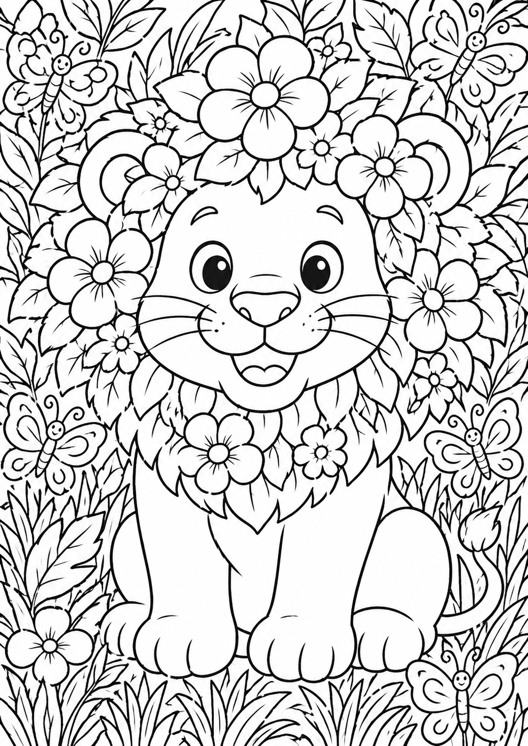 A cute lion with a floral mane surrounded by butterflies and leaves in a coloring page designed for kids to enjoy creative time.