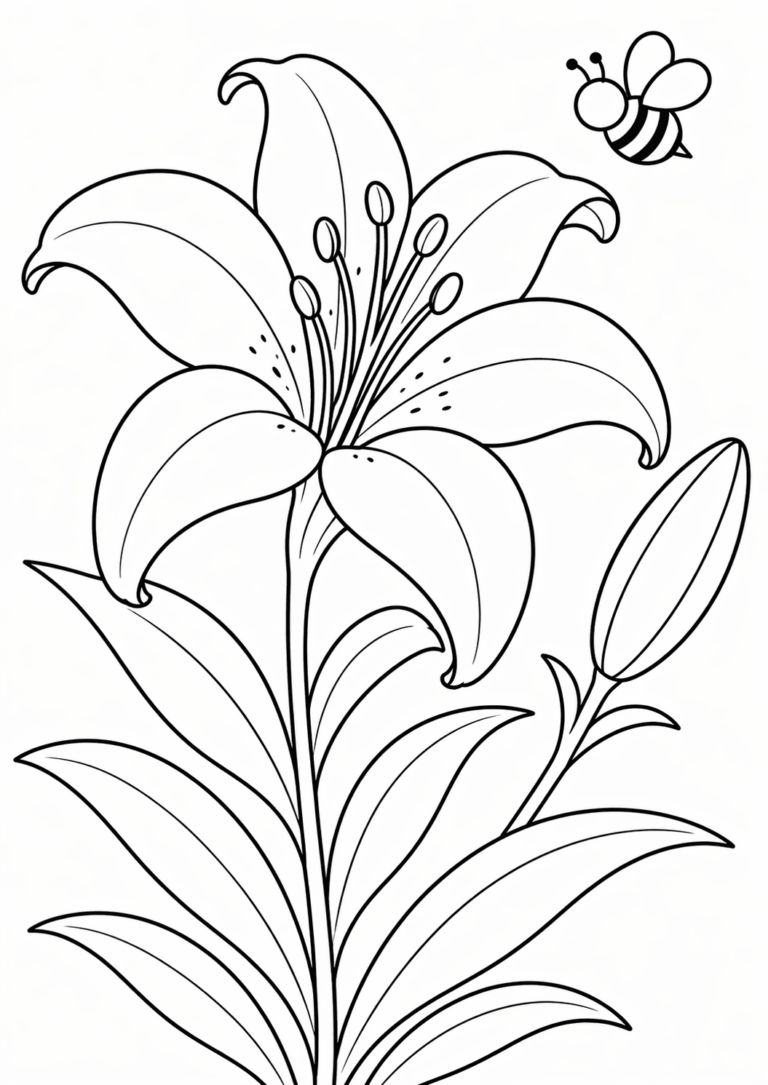 A detailed flower coloring page showing a large, elegant lily with graceful petals and a cute bee flying above, perfect for children to color.