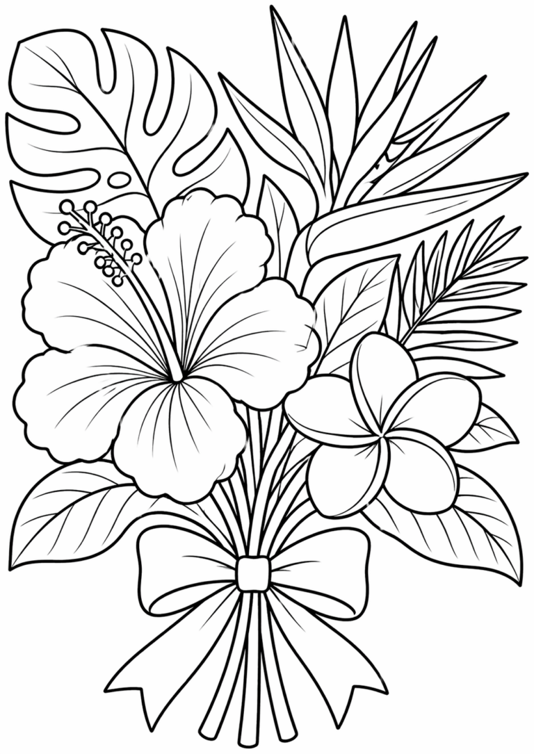 Coloring page of a tropical flower bouquet with intricate details, including a hibiscus and plumeria, surrounded by lush leaves and tied with a beautiful bow.