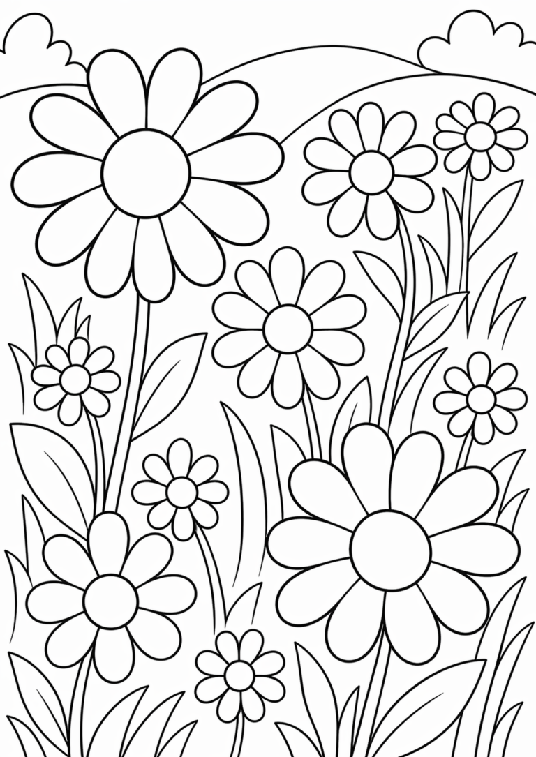 A charming coloring page with lively flowers of different sizes, waiting to be colored in a beautiful garden setting. Perfect for children to explore their artistic talents.