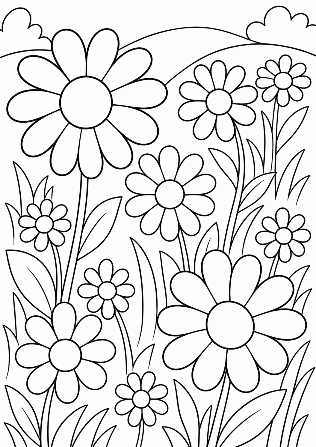 A charming coloring page with lively flowers of different sizes, waiting to be colored in a beautiful garden setting. Perfect for children to explore their artistic talents.