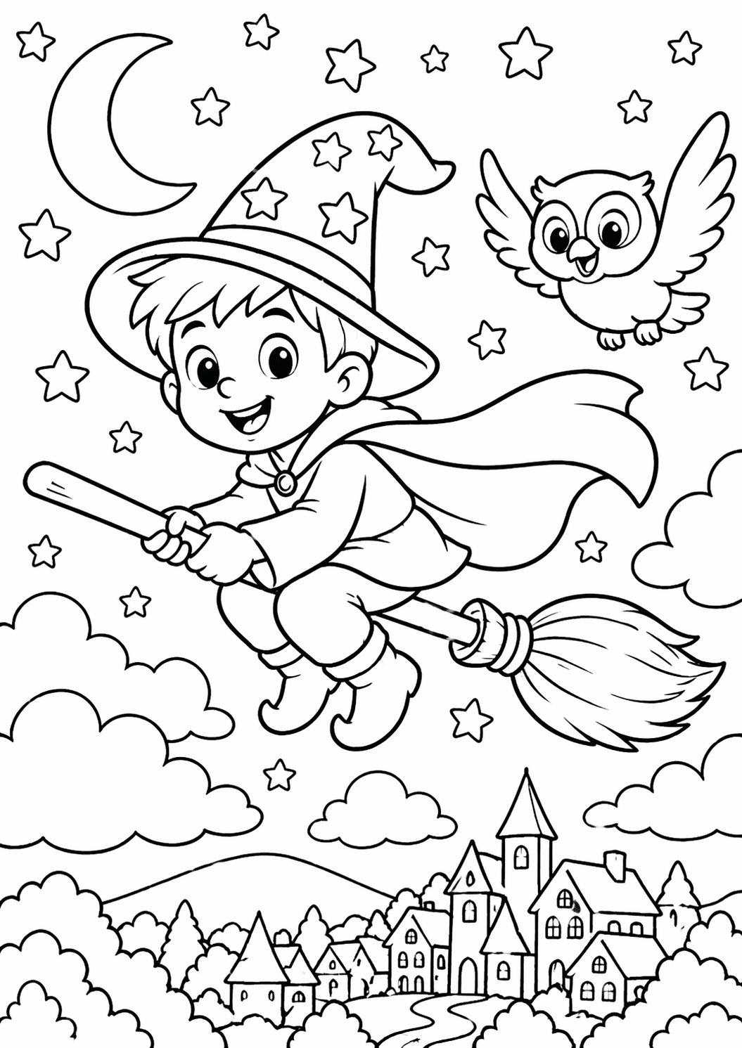 Charming witch child rides a broomstick amid stars, moon, and owl, with a picturesque village below, inviting magical coloring adventures.