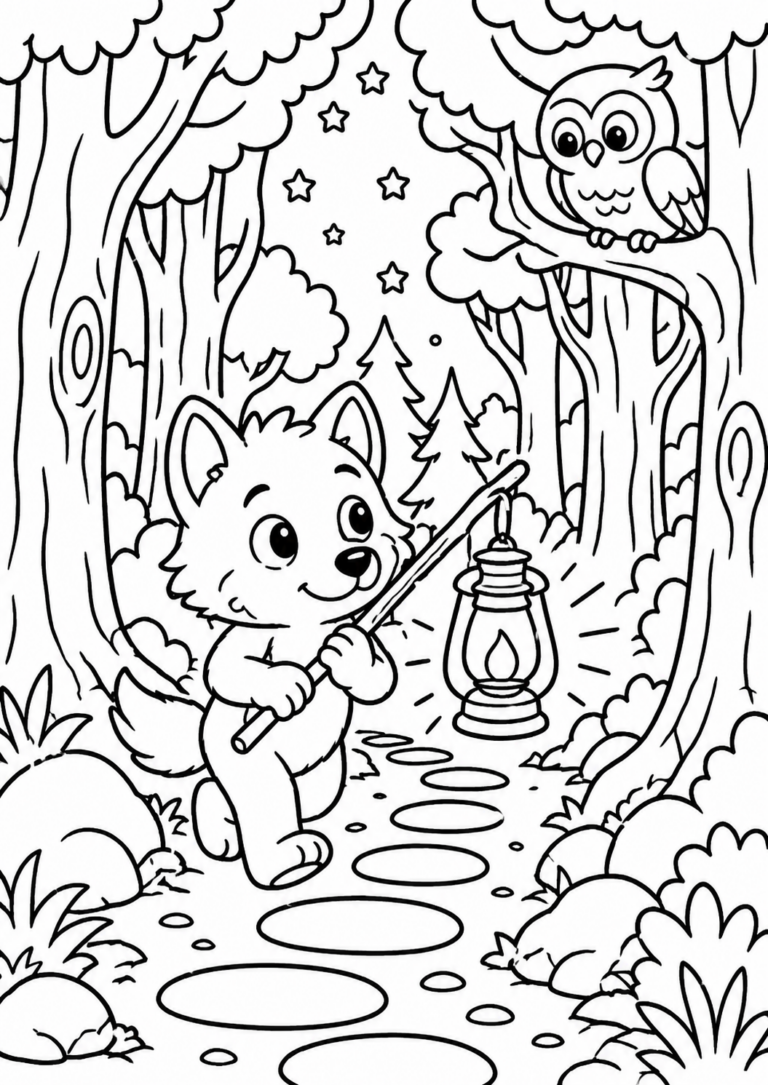 A wolf cub holding a lantern walks through a forest. An owl sits on a tree branch. Stars create a magical atmosphere, offering a delightful coloring experience for kids.