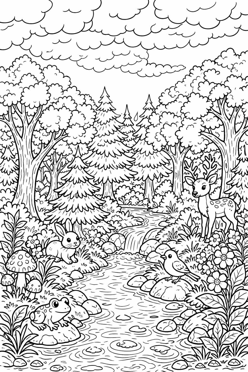 A detailed coloring page showcasing a forest scene with a deer, rabbit, frog, and bird amidst lush trees and a flowing stream. Ideal for children to explore their creativity and color.