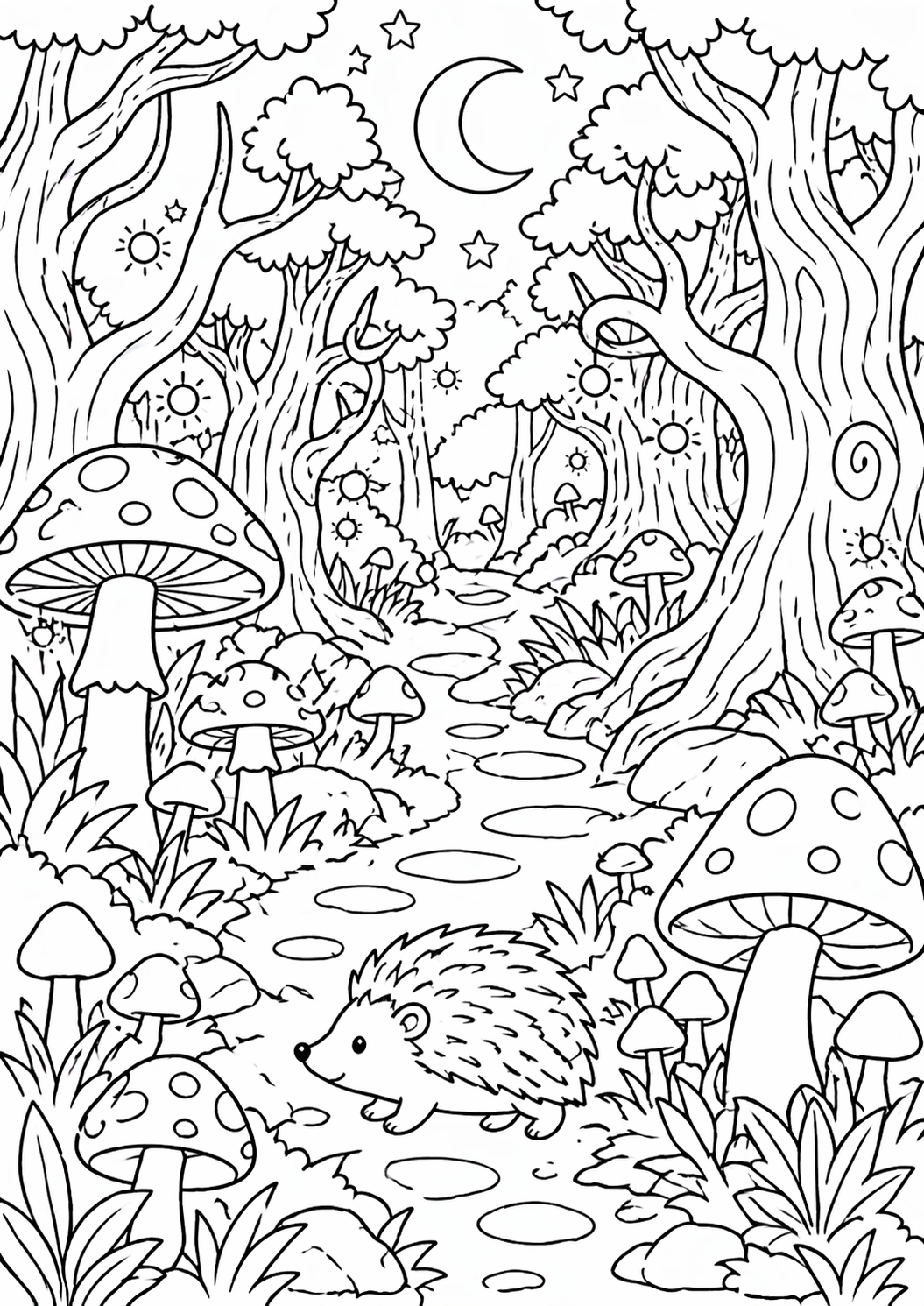 A captivating coloring page of a hedgehog exploring an enchanted forest. The scene includes large trees, whimsical mushrooms, and a starry night sky, offering a delightful and imaginative setting for coloring.