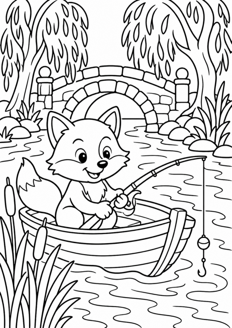 A cute fox sits in a boat on a river, happily fishing with a rod. The background includes a stone bridge and leafy trees, creating a serene nature scene.