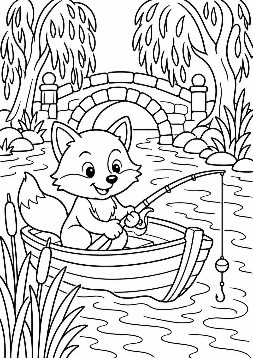 A cute fox sits in a boat on a river, happily fishing with a rod. The background includes a stone bridge and leafy trees, creating a serene nature scene.