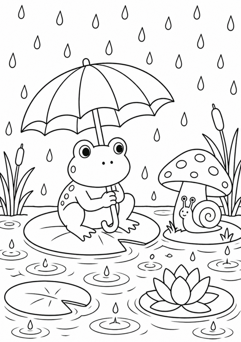 A whimsical scene with a frog on a lily pad holding an umbrella, surrounded by rain. A snail rests by a mushroom, inviting children to color the cheerful characters in this delightful rainy day scenery.