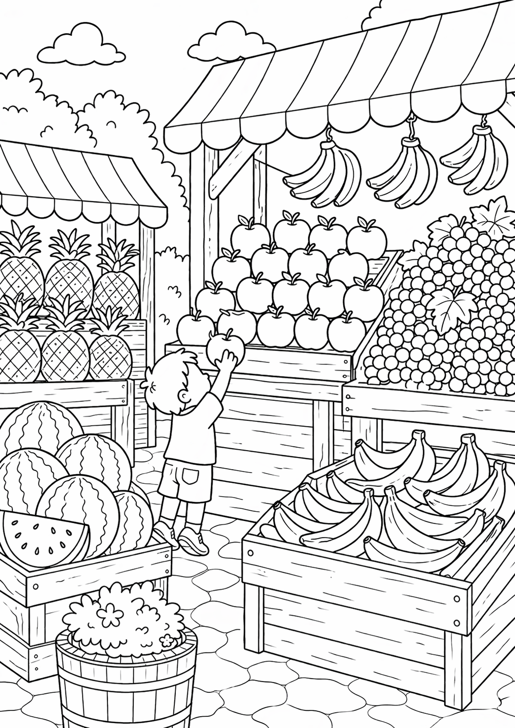 Coloring page of a bustling fruit market with a child reaching for apples among various fruits. The illustration includes bananas, pineapples, and watermelons, offering a vibrant scene for children to color.