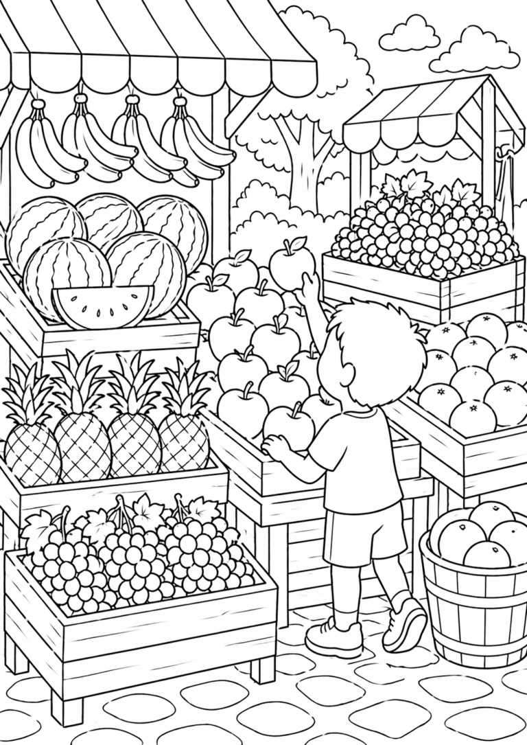 A detailed coloring page showing a child in a fruit market with bananas, apples, grapes, and pineapples. The scene includes market stalls, trees, and clouds, capturing a lively outdoor market environment.
