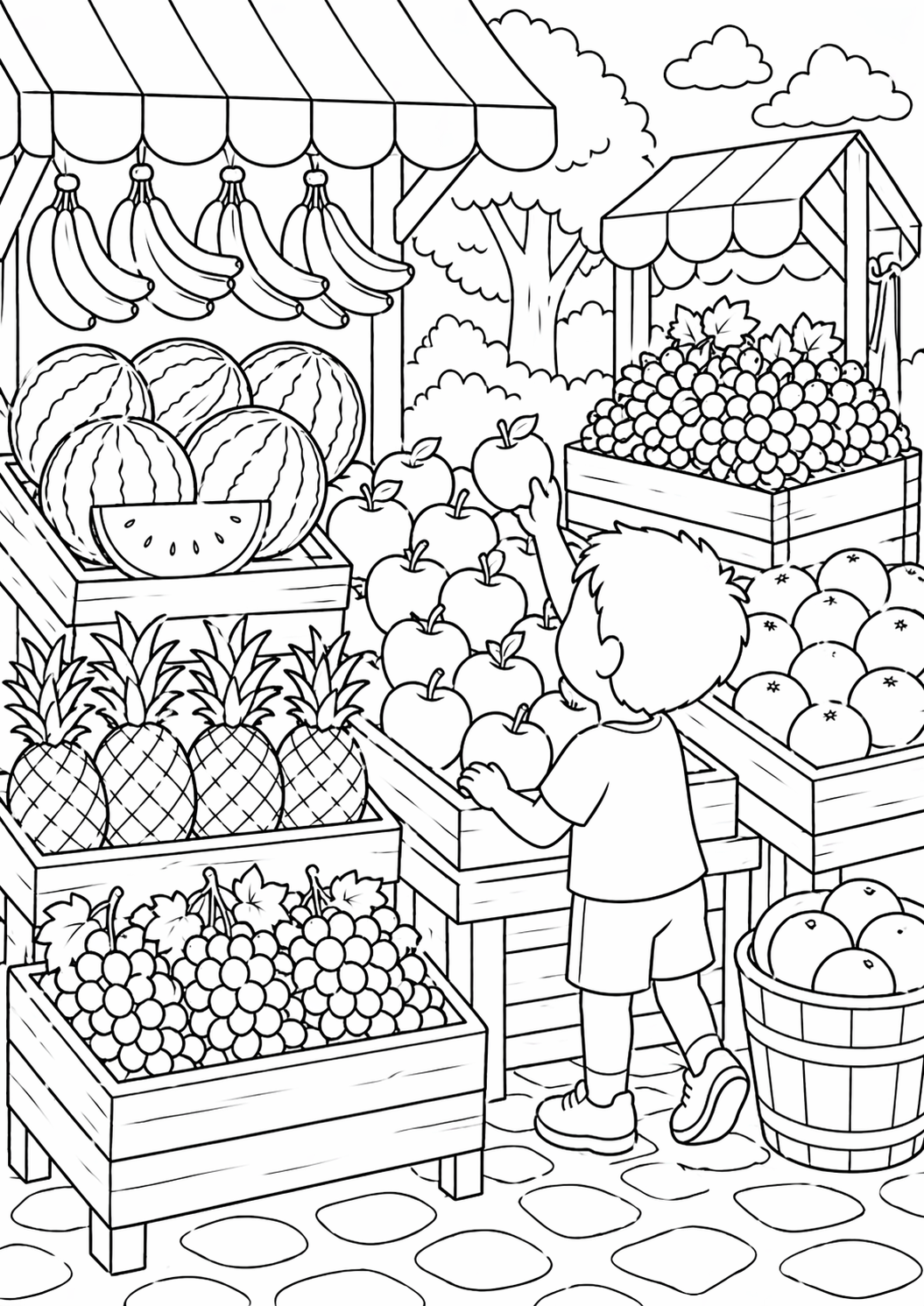 A detailed coloring page showing a child in a fruit market with bananas, apples, grapes, and pineapples. The scene includes market stalls, trees, and clouds, capturing a lively outdoor market environment.