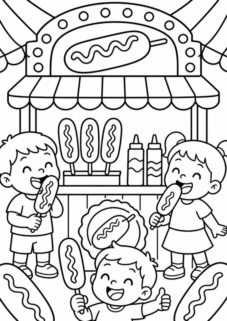 A playful coloring page depicting a group of children enjoying tasty corn dogs at a vibrant food stall. The scene captures their joyous expressions and the bustling setting of the stall, complete with corn dogs and condiments.