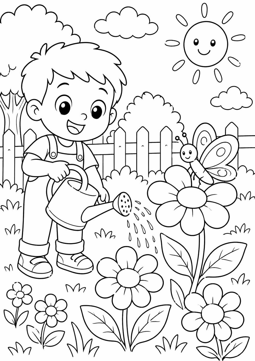 Children's coloring page showing a happy boy watering flowers in a garden with a butterfly and smiling sun.