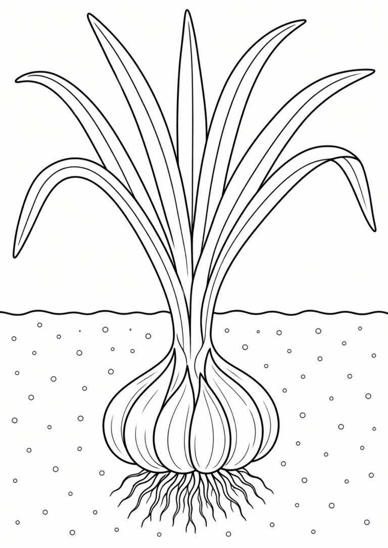 Black and white coloring page of a garden plant with long leaves and roots in soil, ideal for teaching children about nature and gardening.