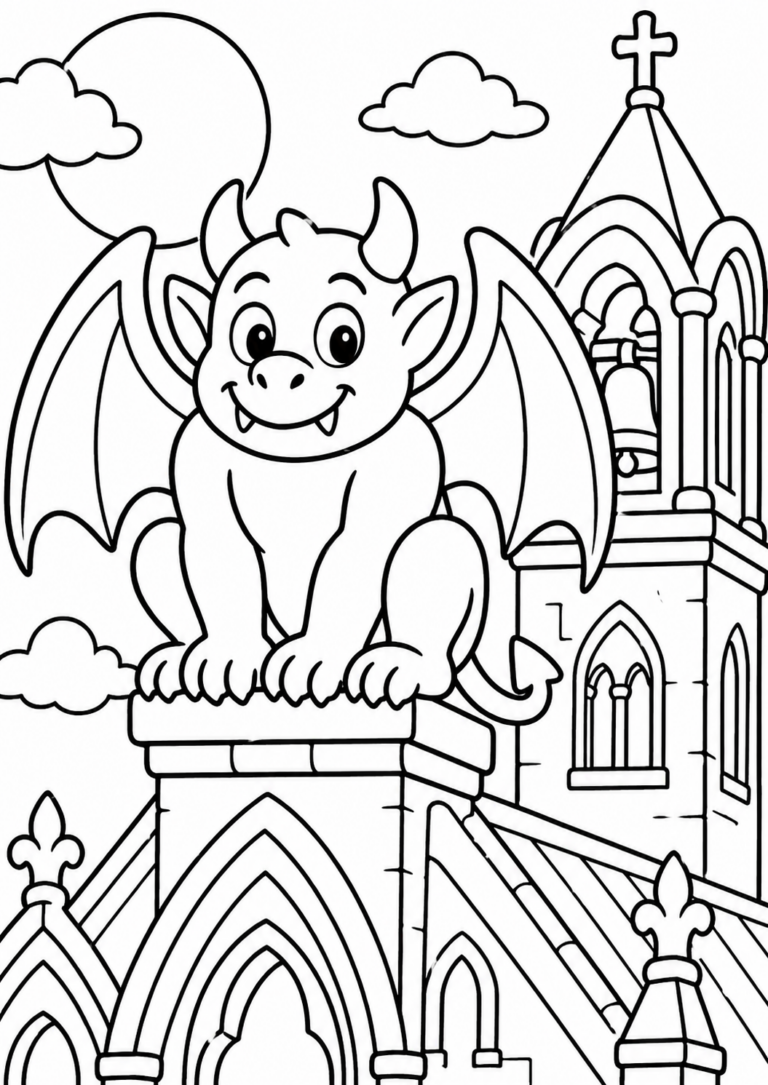 A friendly gargoyle sits atop a cathedral in a beautifully detailed coloring page, perfect for children to unleash their creativity. The scene includes a large sun and clouds, adding to the engaging and imaginative atmosphere.