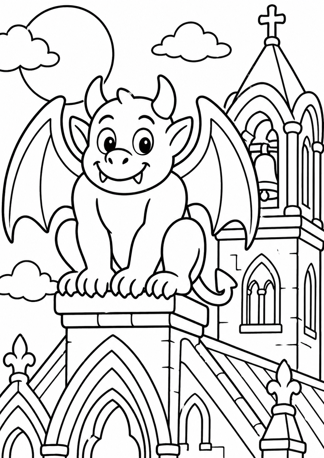 A friendly gargoyle sits atop a cathedral in a beautifully detailed coloring page, perfect for children to unleash their creativity. The scene includes a large sun and clouds, adding to the engaging and imaginative atmosphere.