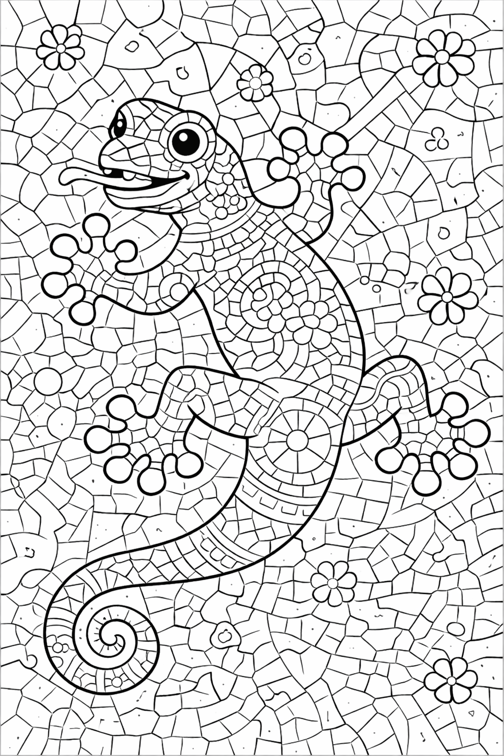 Gecko coloring page featuring intricate geometric patterns and small flowers, designed to spark imagination and creativity in kids as they explore the world of colors.