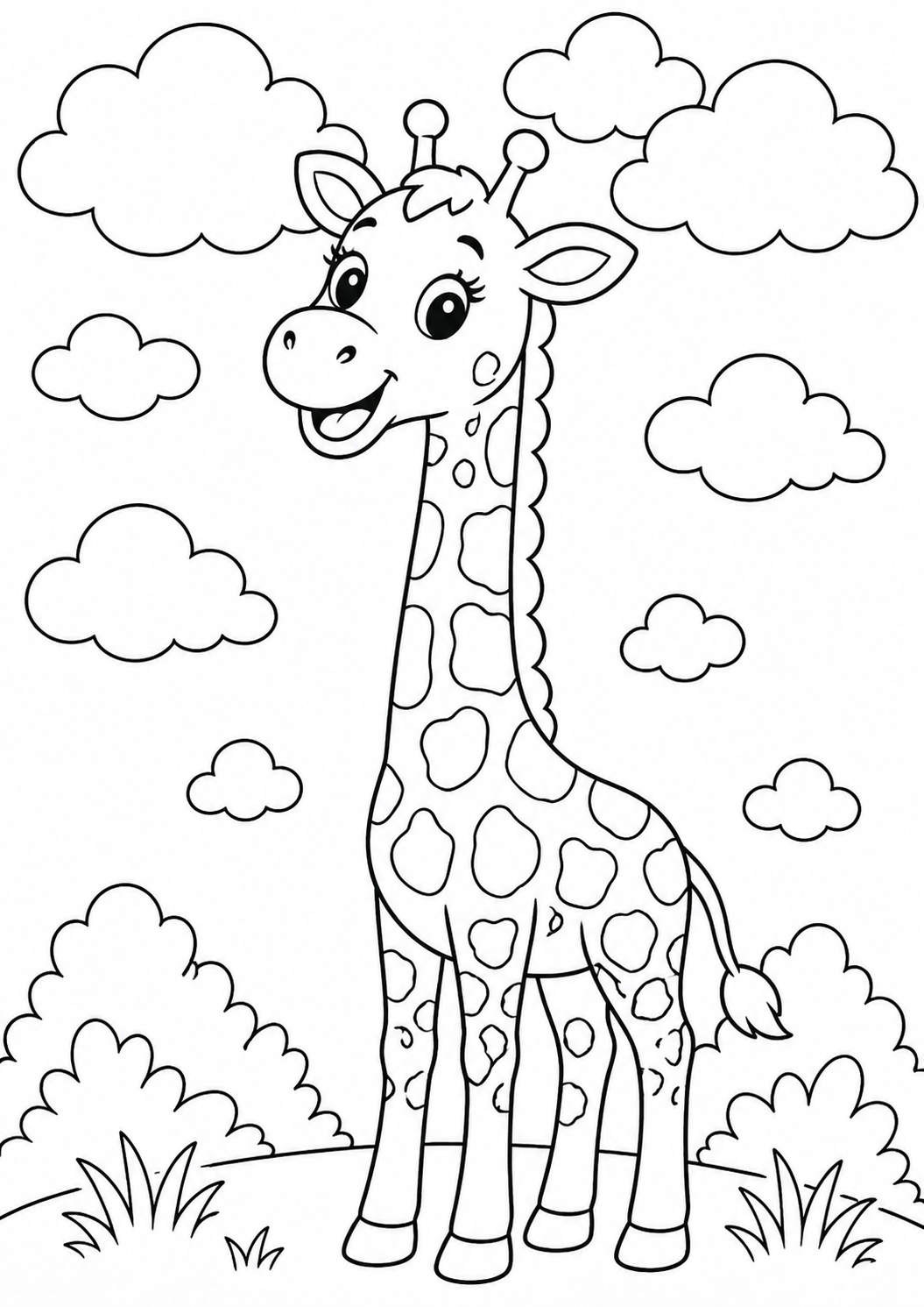 A cheerful giraffe stands surrounded by fluffy clouds and greenery on this coloring page, designed to inspire children to explore creativity and color.