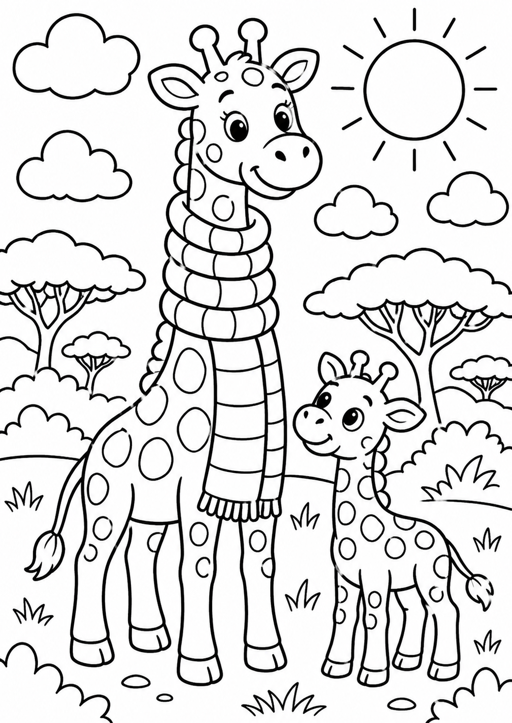A charming giraffe coloring page shows a mother giraffe with a scarf and her adorable calf in a sunny savanna landscape, featuring trees and clouds. Kids can enjoy coloring the playful scene filled with delightful animal details.