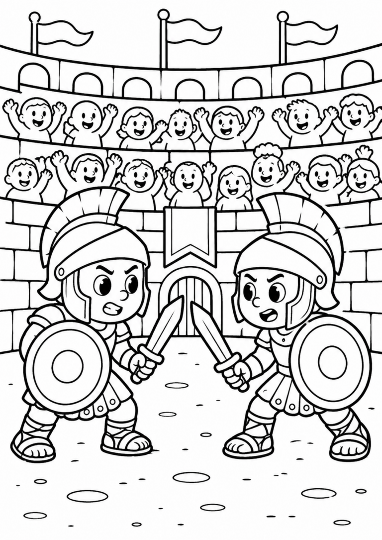 A detailed coloring page showing two gladiators in the center of an arena, engaged in a battle with swords and shields, while a lively crowd in the background cheers them on. Ideal for children to color and enjoy a historical theme.