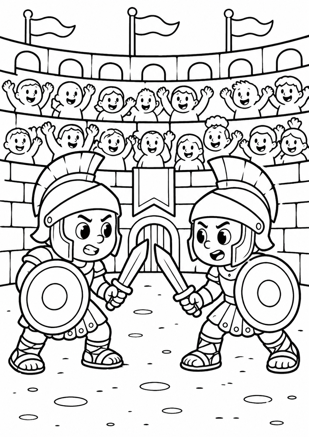 A detailed coloring page showing two gladiators in the center of an arena, engaged in a battle with swords and shields, while a lively crowd in the background cheers them on. Ideal for children to color and enjoy a historical theme.
