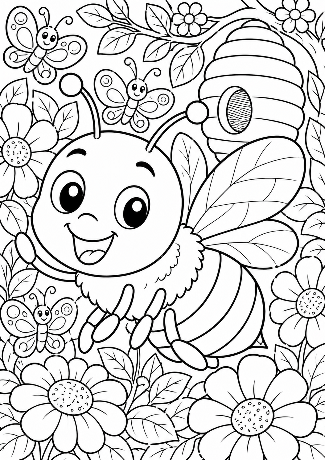 A happy bee is surrounded by blooming flowers and cheerful butterflies. A beehive hangs nearby, inviting kids to color this fun and vibrant nature-inspired scene.