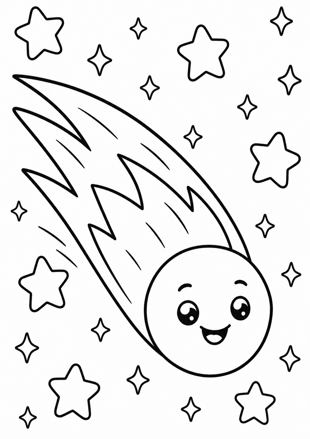 A happy comet with a smiling face flying through a sky filled with various sizes of stars. Children can color the comet and stars, adding a vibrant touch to the night sky.