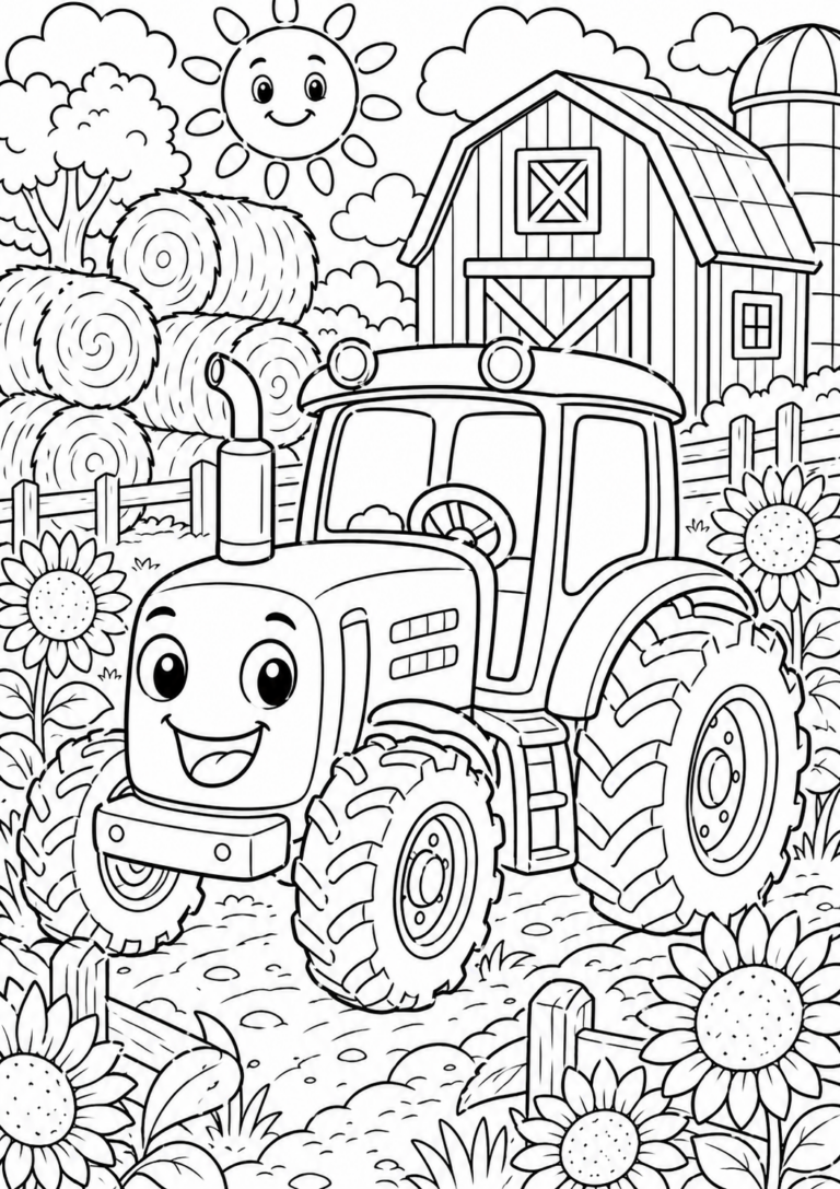 Color this farm scene with a smiling tractor, sunflowers, and barn. The friendly tractor adds joy to a charming rural background, inviting children to use their imaginations.