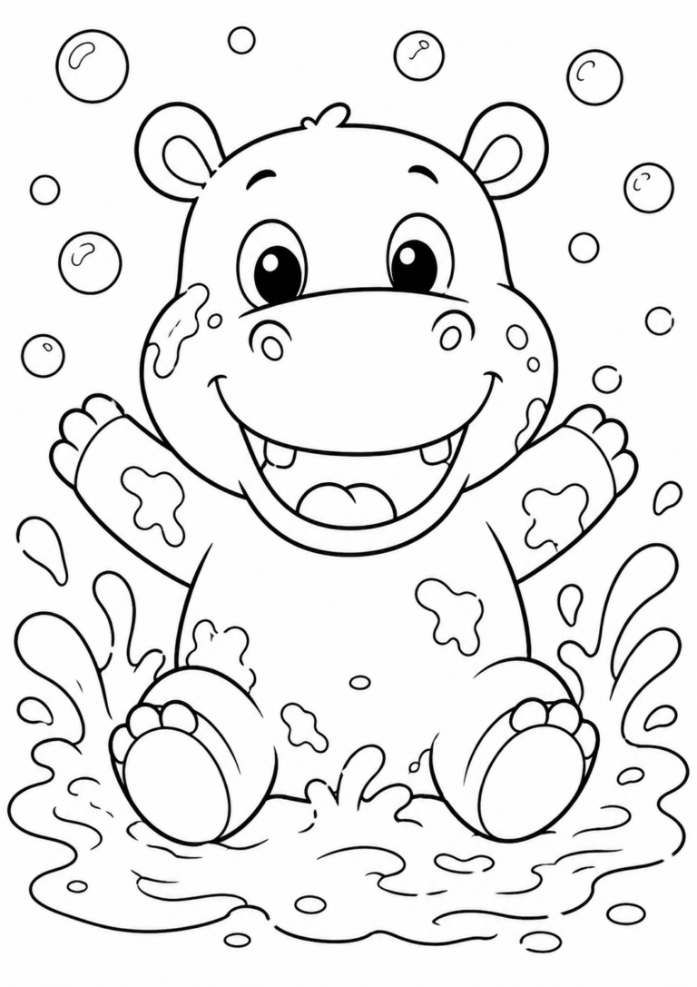 A cute hippo happily splashing in water with surrounding bubbles, offering a fun and engaging coloring activity for children to bring the scene to life.