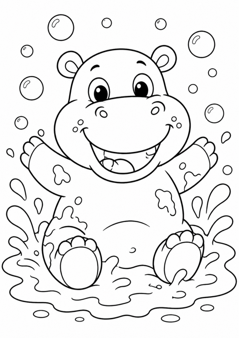 Cute, happy hippo splashing in water with bubbles, offering a delightful coloring chance for children who enjoy animal scenes.