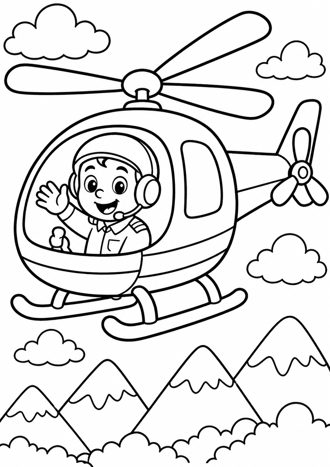 Children's coloring page with a helicopter, pilot waving, surrounded by clouds and mountains. Encourages creativity and learning about aviation.