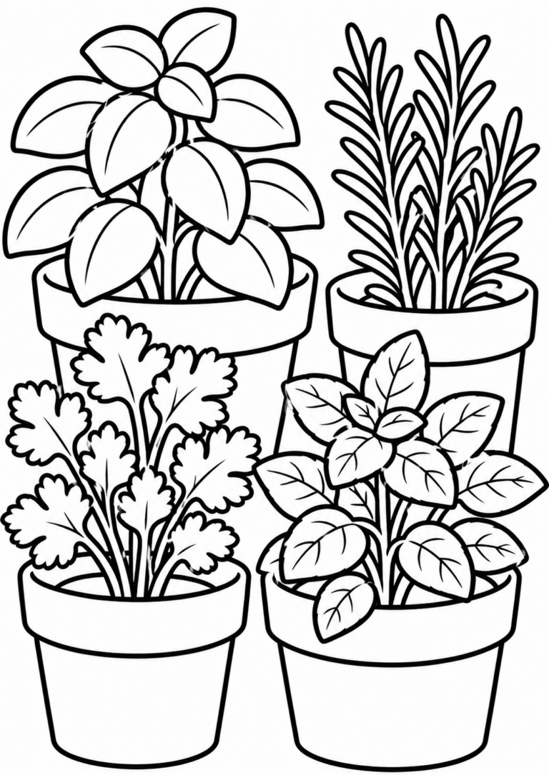 Coloring page with four potted herb plants featuring distinct leaves, including basil, rosemary, cilantro, and mint. Kids can explore different shades of green while learning about these herbs through a fun coloring activity.