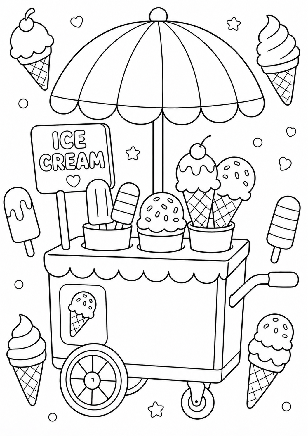 A children's coloring page showcasing a whimsical ice cream cart adorned with a variety of ice creams, cones, and popsicles. Decorative stars and hearts create a playful scene perfect for young artists to engage with.
