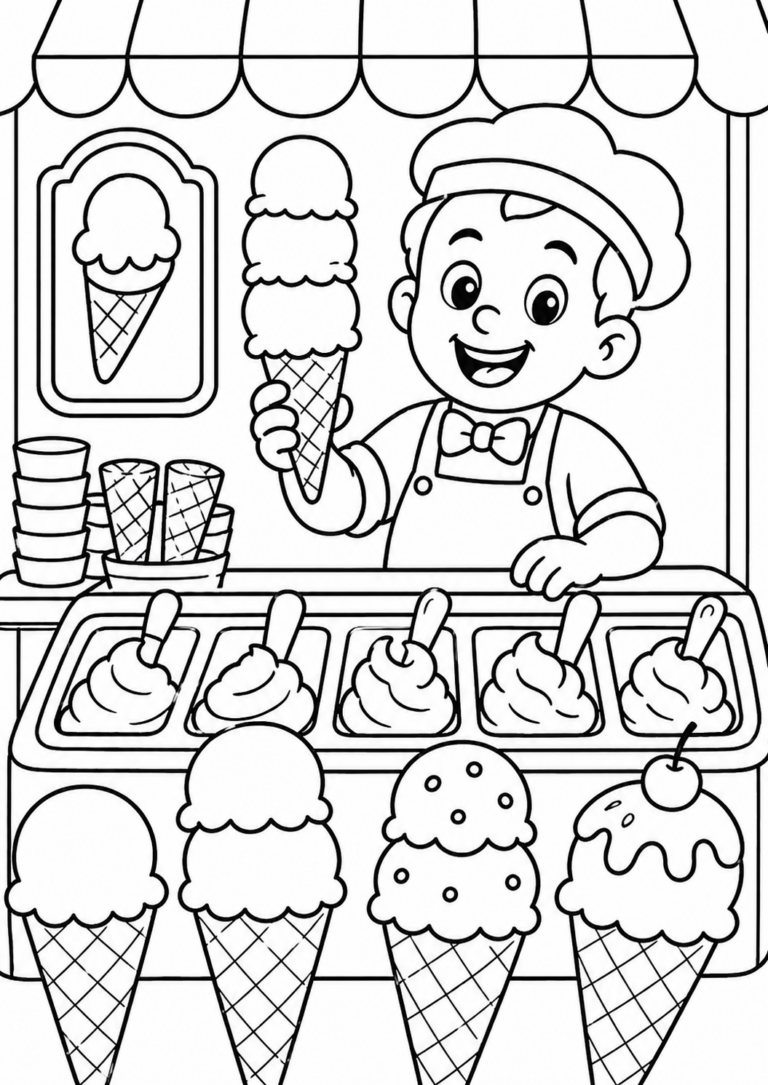 A playful coloring page showing a smiling ice cream vendor with a large ice cream cone. Various cones and flavors are displayed, offering an engaging activity for children to color and explore their creativity.