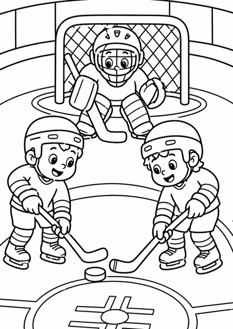 A vibrant ice hockey scene with three young players on the rink, including two players facing off and a ready goalie. Perfect for kids to color.