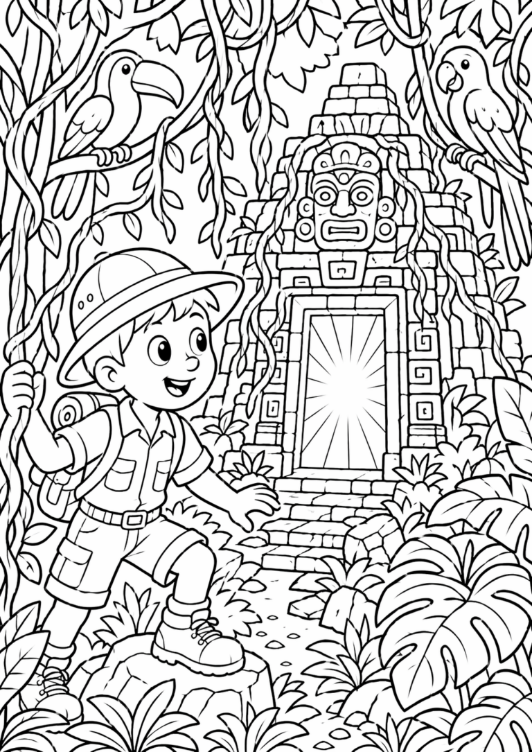 A young explorer in a jungle setting, discovering an ancient temple surrounded by foliage and birds. The coloring page captures the excitement of exploration and adventure, encouraging children to engage with imaginative play and creativity.