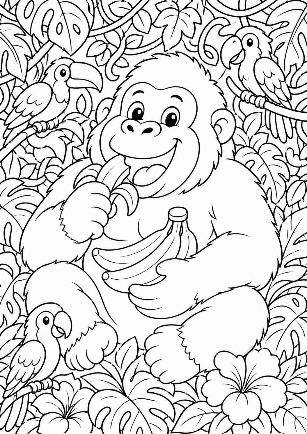 Children's coloring page of a happy gorilla in the jungle holding bananas, with tropical birds and exotic plants in the background.
