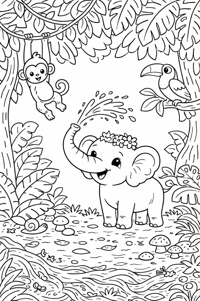 Coloring page of a jungle scene featuring an elephant, monkey, and toucan among trees and plants. Ideal for children to color and learn about jungle animals, enhancing creativity and imagination.