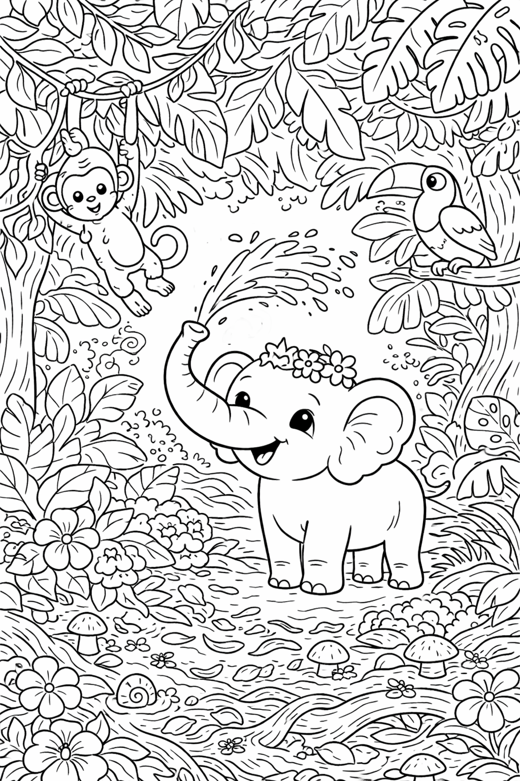 A jungle scene with a smiling elephant, a swinging monkey, and a toucan surrounded by lush trees and flowers, ideal for children's coloring.