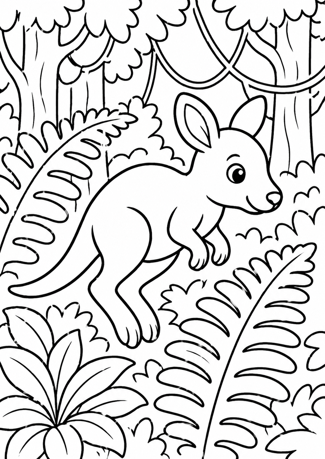 A cute kangaroo hopping in a jungle, surrounded by trees and ferns, on a children’s coloring page. Ideal for kids to fill in with bright colors, enhancing creativity and awareness about wildlife.