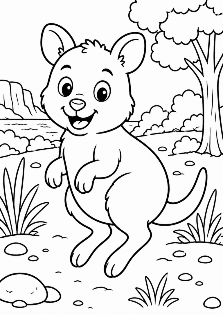 A cheerful kangaroo in a natural setting, surrounded by trees and bushes. Children can use their imagination to color this welcoming wildlife scene. The kangaroo's happy demeanor invites creativity and learning about nature’s wonders.