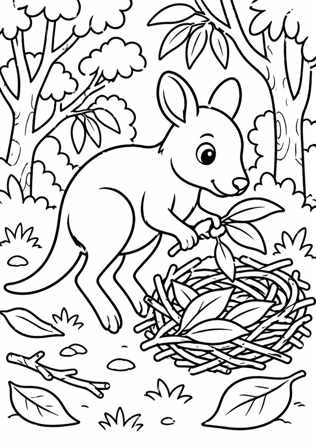 Children's coloring page featuring a cute kangaroo in a forest setting, building a nest with leaves and sticks. The scene includes trees and foliage, providing a fun and educational activity for kids to explore wildlife.