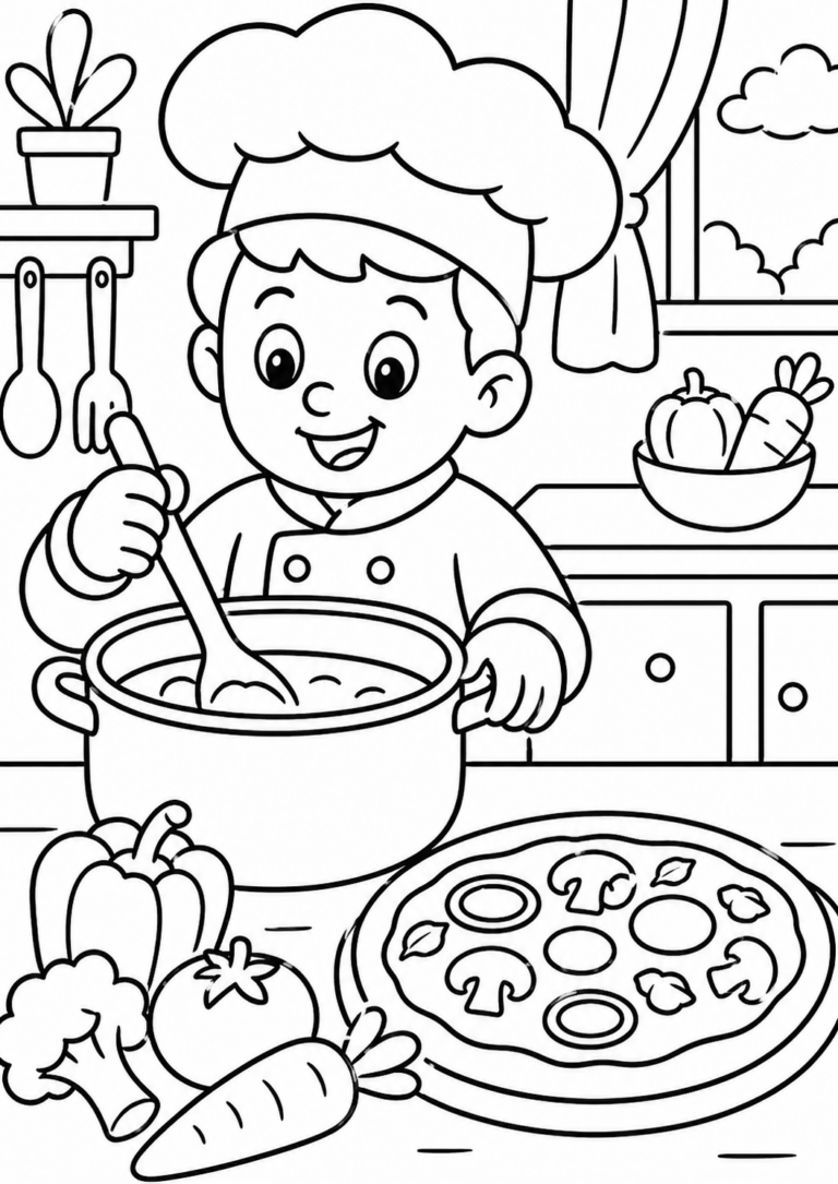A happy child chef in a kitchen stirring a pot and surrounded by fresh vegetables and pizza, perfect for kids to color and express their creativity through a delightful kitchen scene.