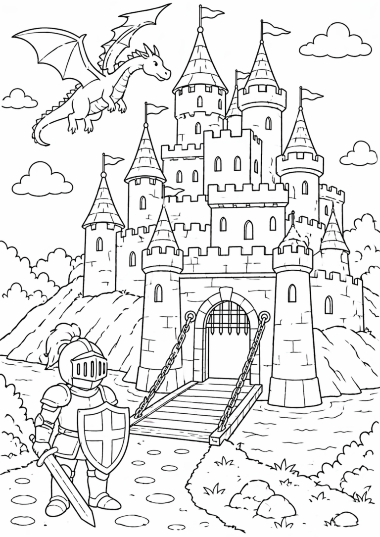 A detailed coloring page showing a knight in armor, a large castle, and a dragon flying overhead. Perfect for kids interested in medieval fantasy themes.