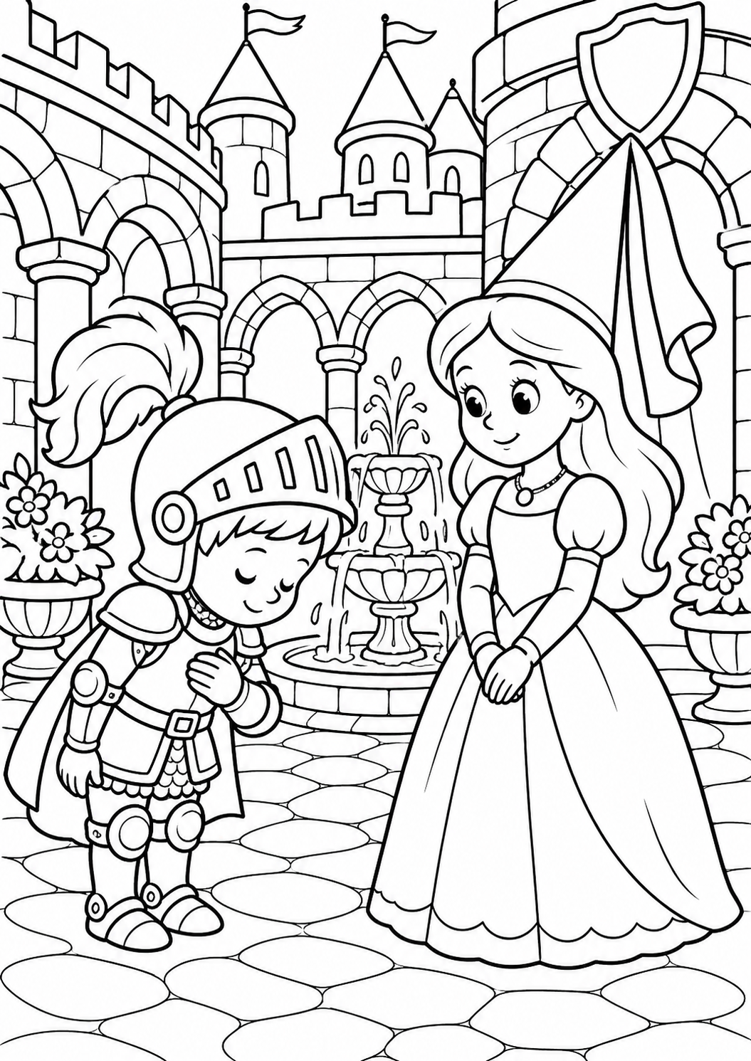 A coloring page depicting a knight and princess in a castle courtyard. The knight is bowing, dressed in armor, while the princess wears a gown. A fountain and castle backdrop create a magical setting for children to color.