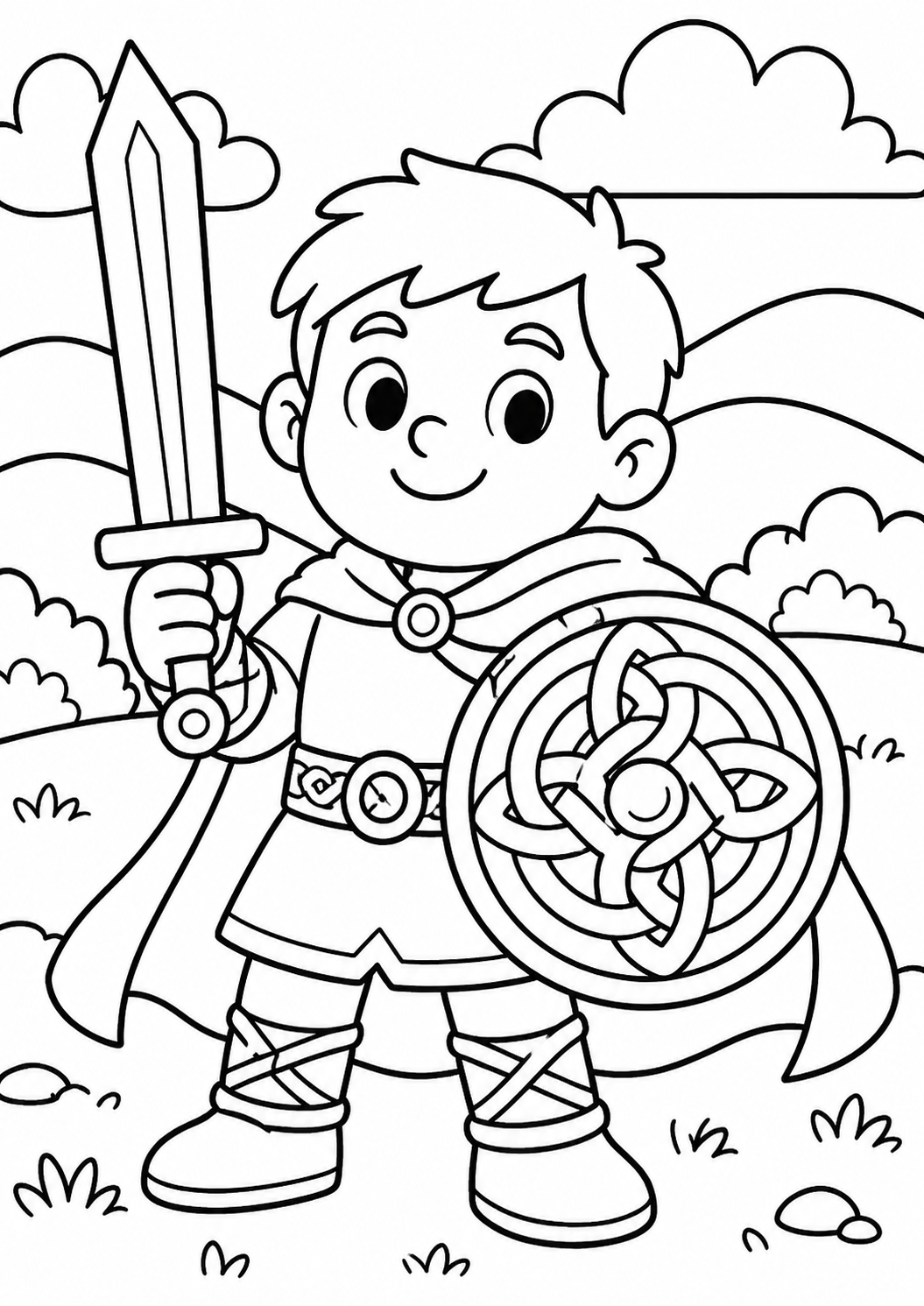 A charming coloring page of a young knight holding a sword and shield, ready for adventure. Detailed armor and surroundings provide an exciting coloring experience for children exploring the world of fantasy.