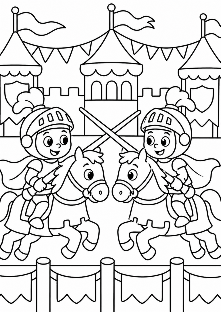 A coloring page of two young knights in armor engaged in a jousting match on horseback, set against medieval tents and flags. Children can color the knights, horses, and background to bring the scene to life.