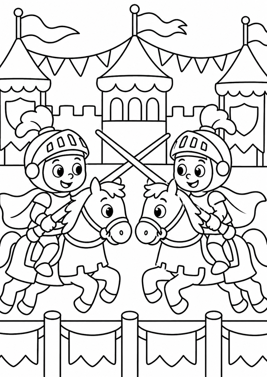 A coloring page of two young knights in armor engaged in a jousting match on horseback, set against medieval tents and flags. Children can color the knights, horses, and background to bring the scene to life.