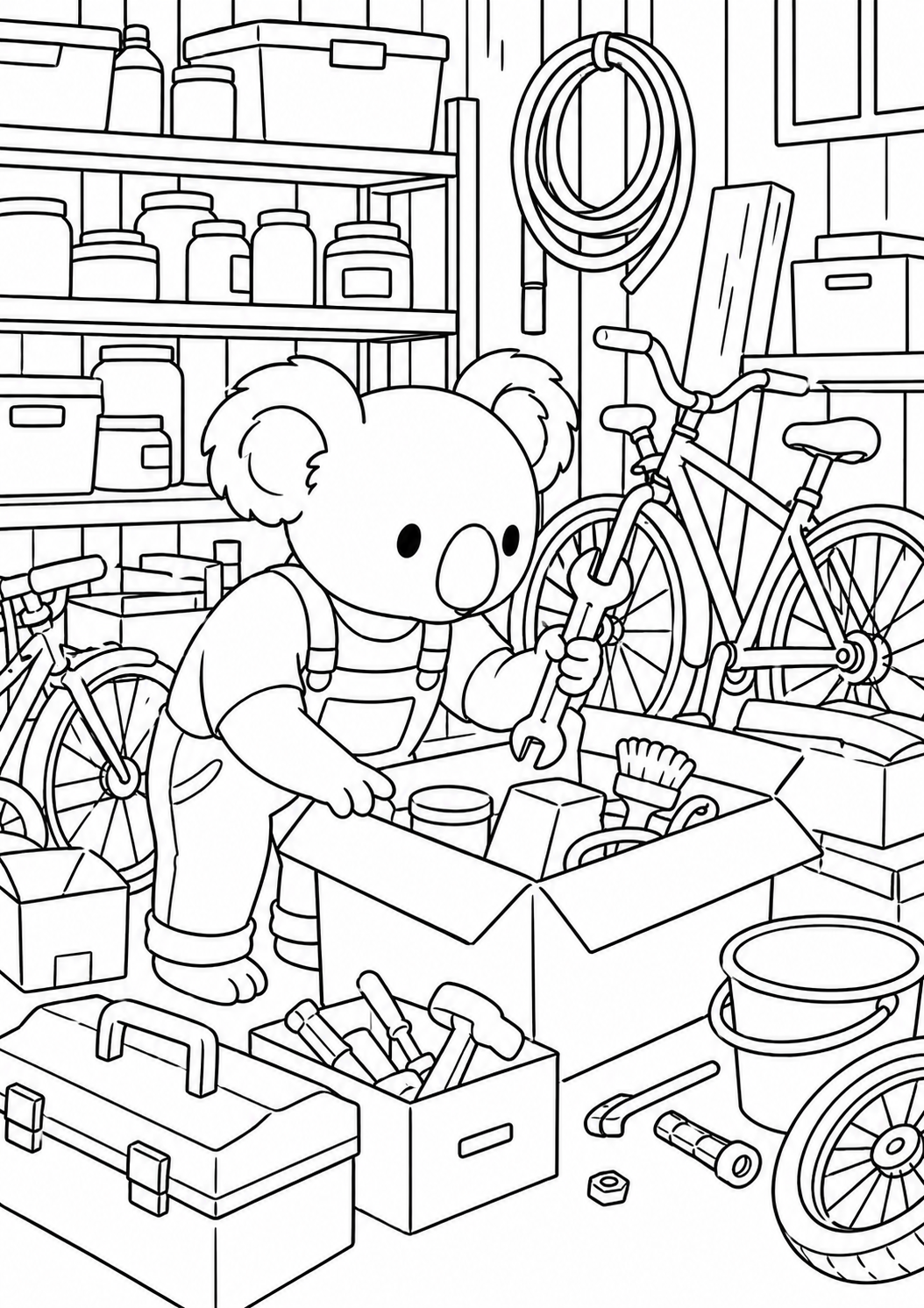 A charming scene of a koala wearing overalls, acting as a mechanic in a workshop filled with tools and bicycles. The setting includes shelves of jars and various items to color.